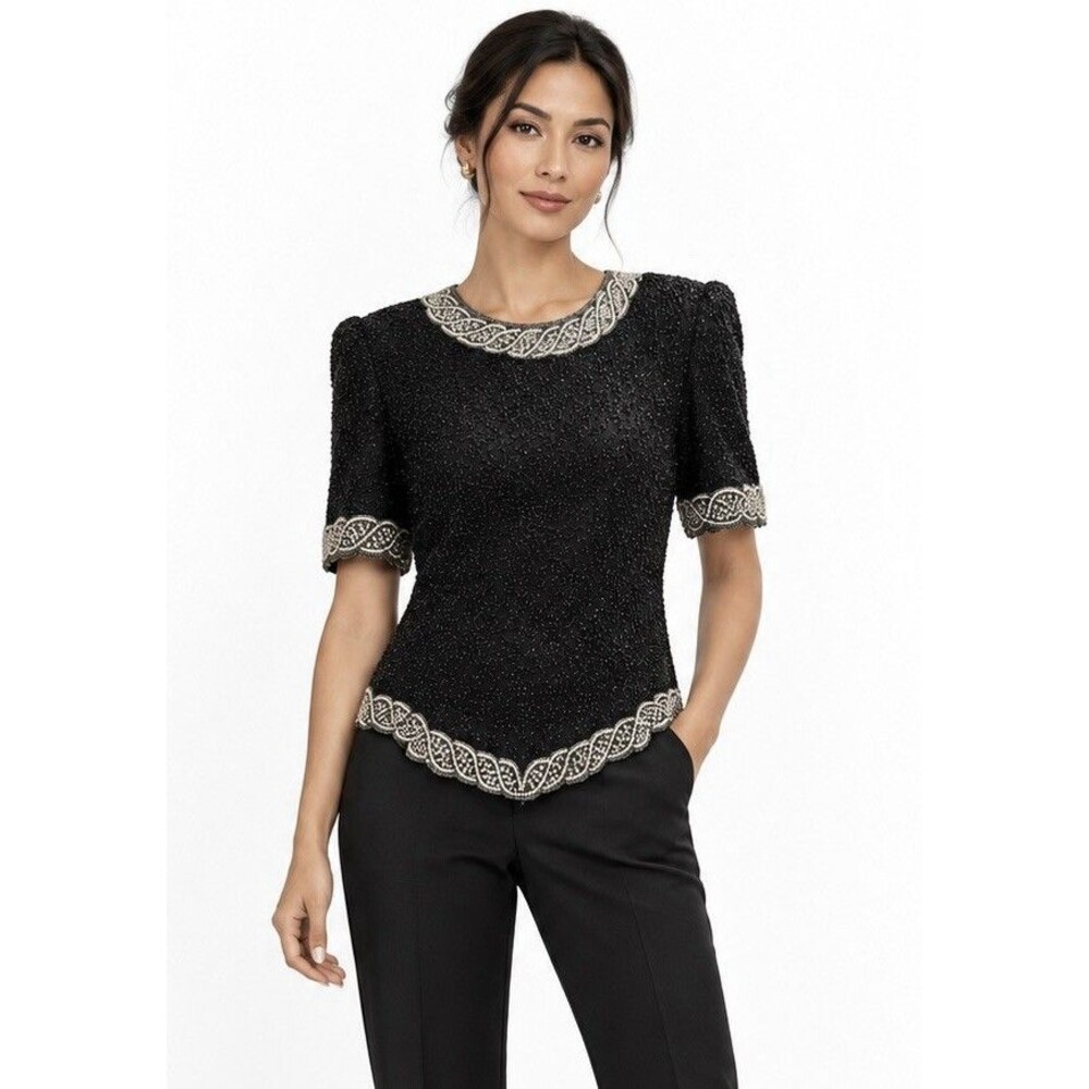 Vintage Laurence Kazar Black Silk Beaded Sequin Top XL Art Deco Evening Blouse